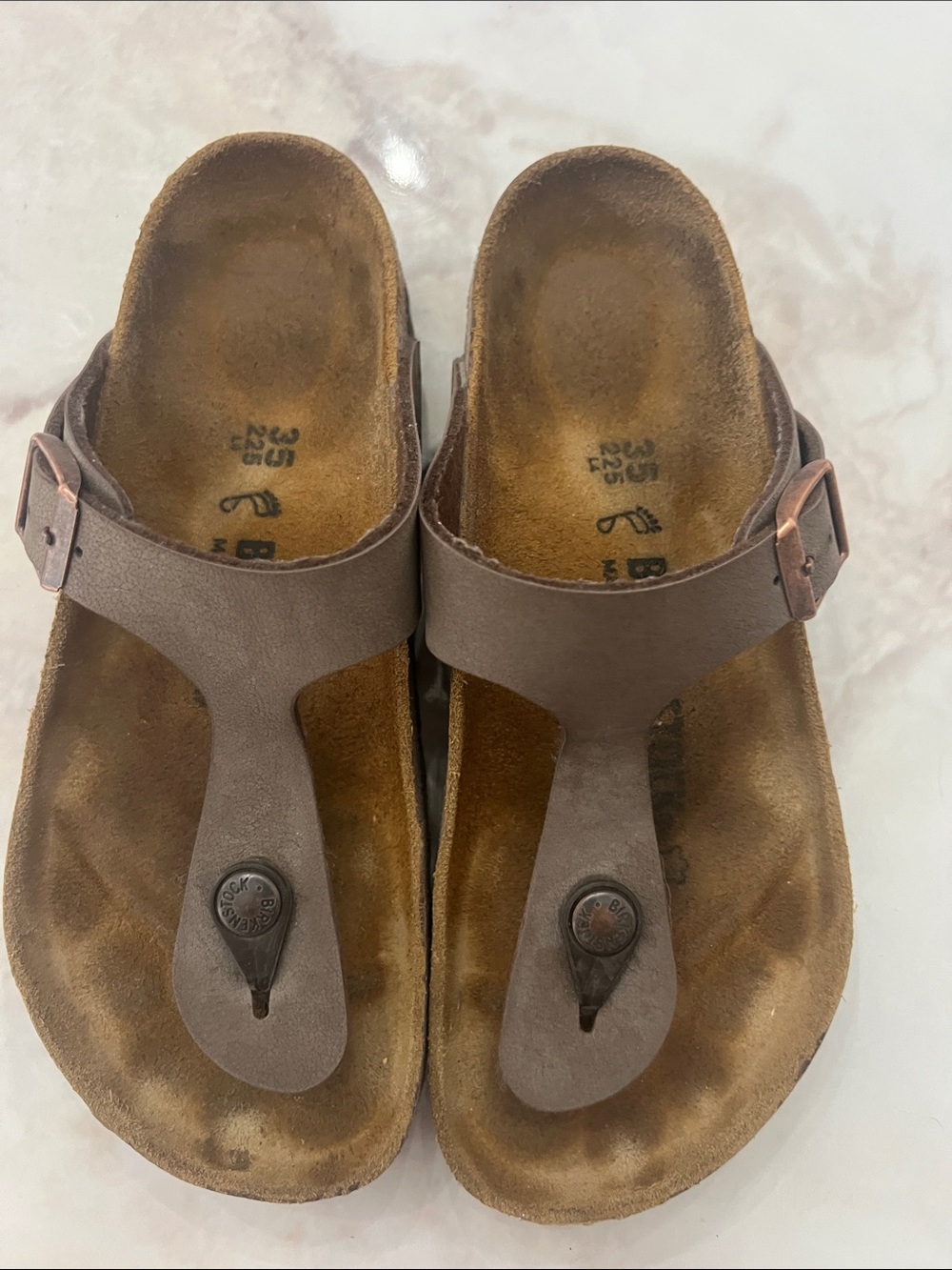Birkenstock Brown Toe-Post Sandals with Copper Buckles